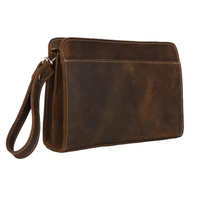 Custom Vintage Brown Men Crazy Horse Top Grain Genuine Leather Clutch Bag Phone Wallets for Men